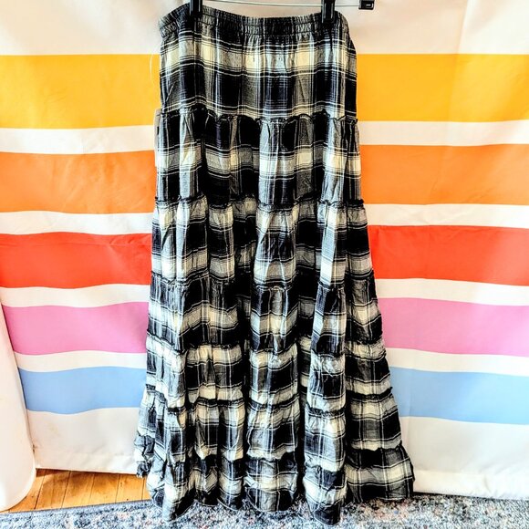Ralph Lauren Black White Plaid Tiered Patchwork Maxi Skirt Cabincore Western M - Picture 3 of 9